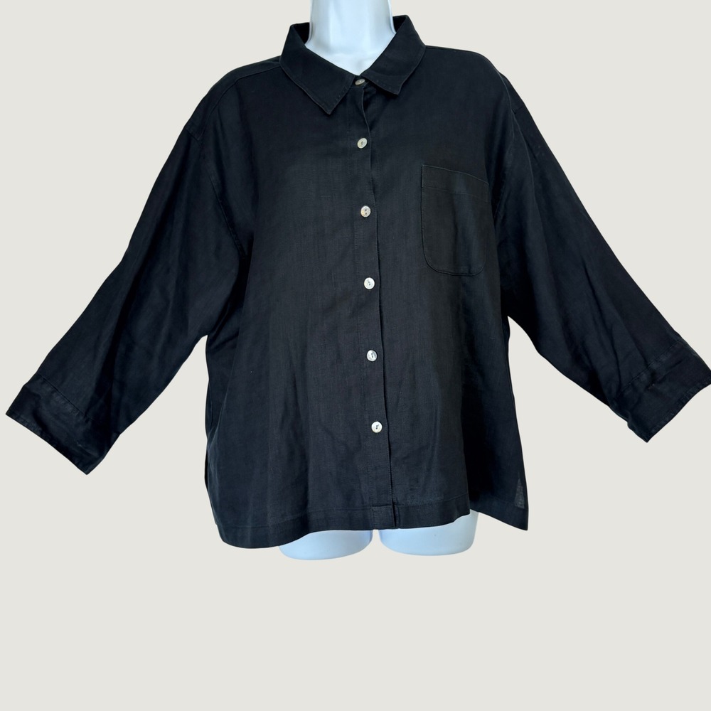 Chico's Design Women XL Linen Button Down Shirt Black 3/4 Sleeve Relaxed Pocket